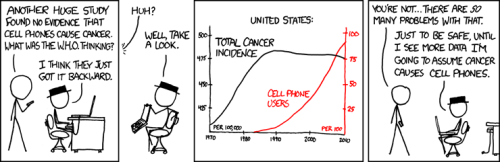 Do cell phones cause cancer or does cancer cause cell phones? (from xkcd: http://imgs.xkcd.com/comics/cell_phones.png)